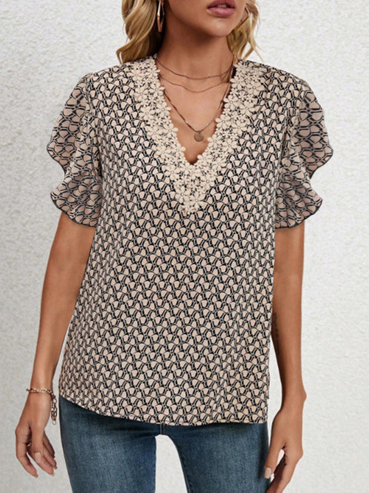 Lace Detail Printed V-Neck Flounce Sleeve Blouse Khaki