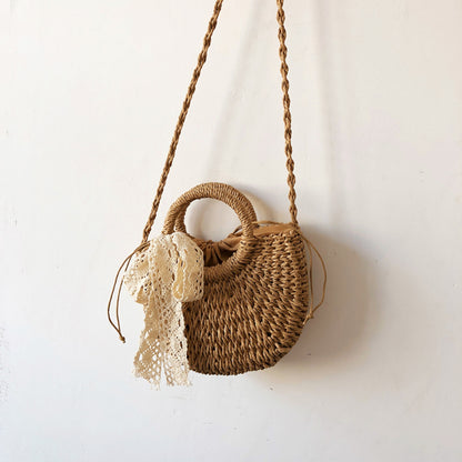 Drawstring Straw Braided Crossbody Bag Camel One Size