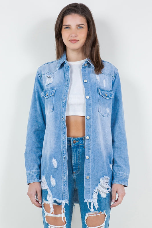 American Bazi Raw Hem Distressed Long Sleeve Denim Jacket Blue