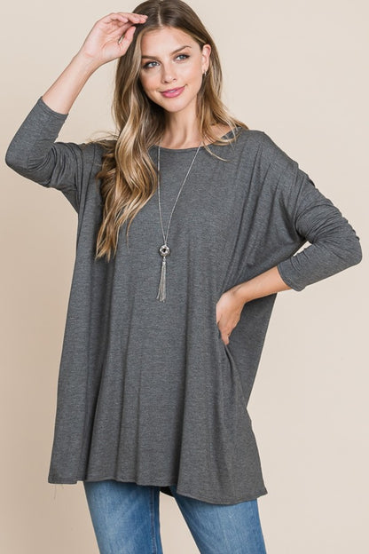 BOMBOM Round Neck Long Sleeve Oversized Top Charcoal