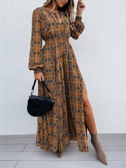 Slit Plaid Tie Neck Long Sleeve Maxi Dress Camel