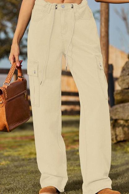 Loose Fit Drawstring Jeans with Pocket Tan