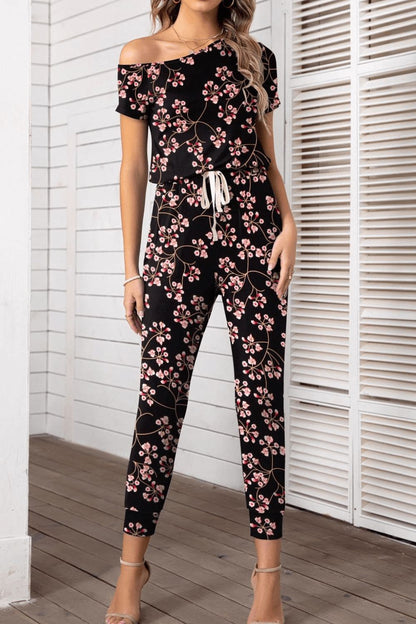 Asymmetrical Neck Short Sleeve Jumpsuit