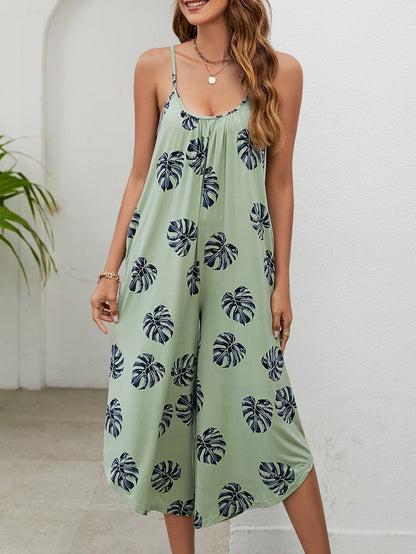 Botanical Print Spaghetti Strap Scoop Neck Jumpsuit Sage