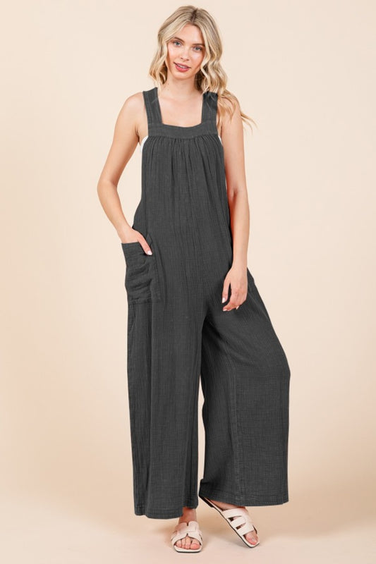 Culture Code Pocketed Sleeveless Wide Leg Overalls Black