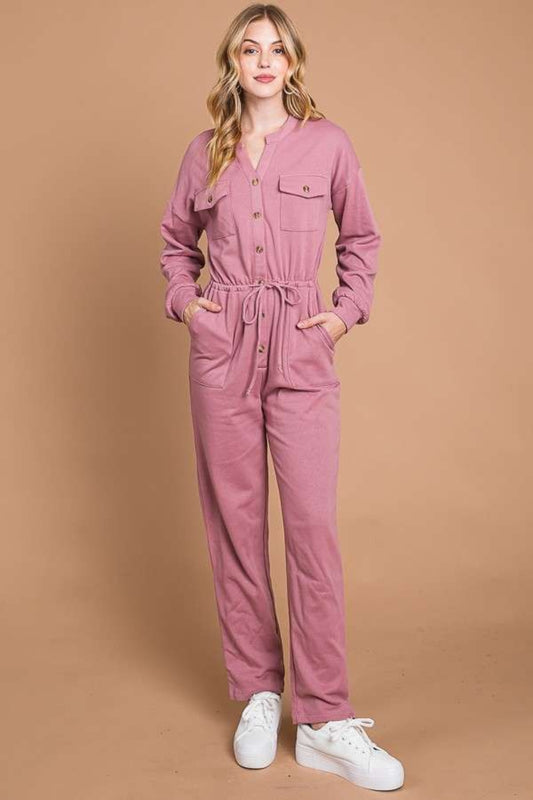 Culture Code Full Size Button Up Drawstring Waist Straight Jumpsuit RED BEAN