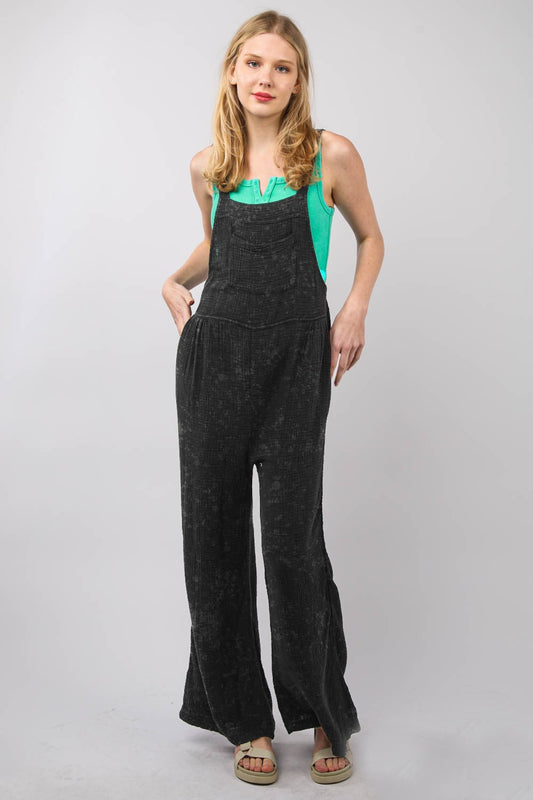 VERY J Texture Washed Wide Leg Overalls Black