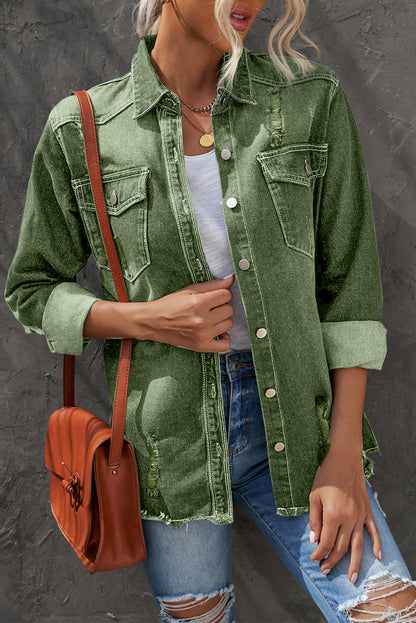 Distressed Button Up Raw Hem Denim Jacket Matcha Green