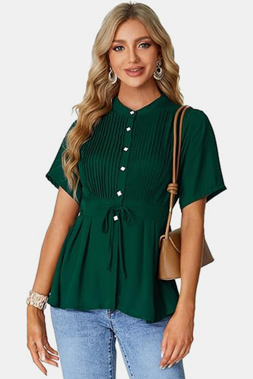 Tied Round Neck Short Sleeve Blouse