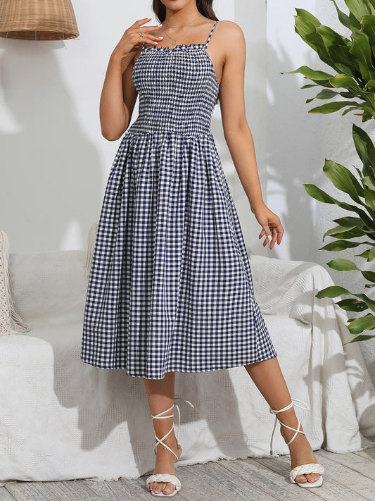 Smocked Plaid Square Neck Cami Dress Indigo