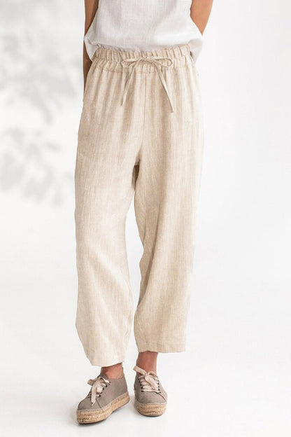 Drawstring Cropped Pants with Pockets Cream