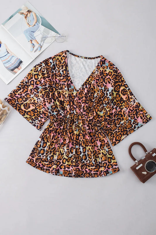 Leopard V-Neck Half Sleeve Blouse Leopard