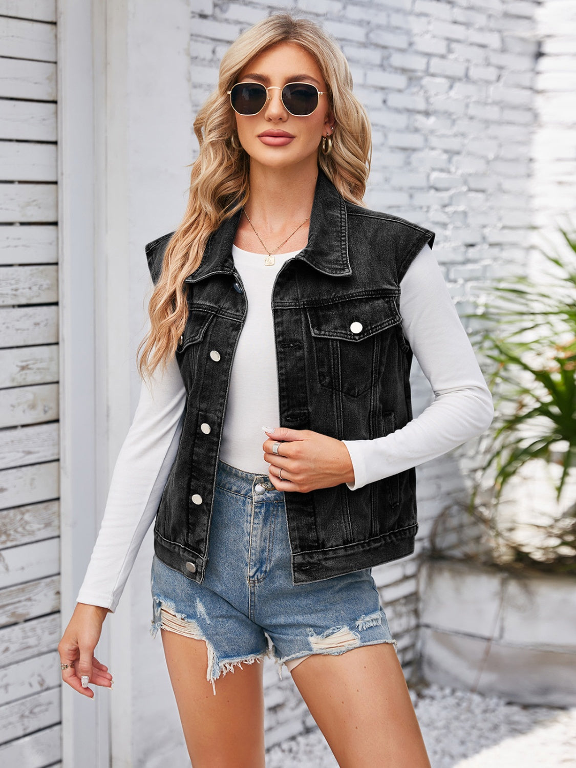 Button Up Cap Sleeve Denim Jacket Black