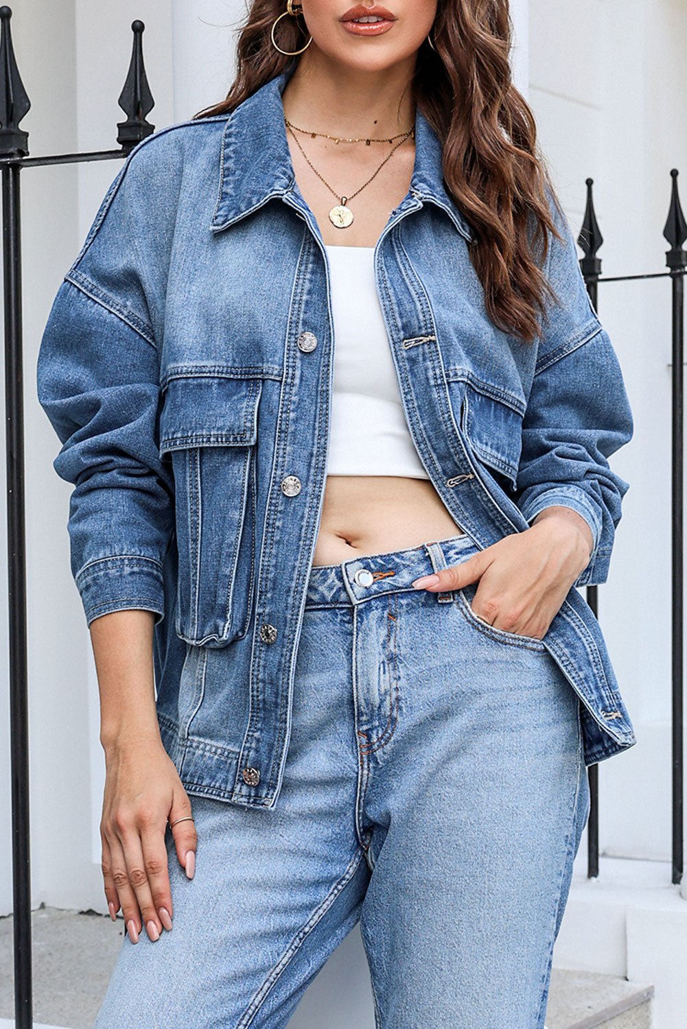 Button Up Dropped Shoulder Denim Jacket with Pockets Sky Blue