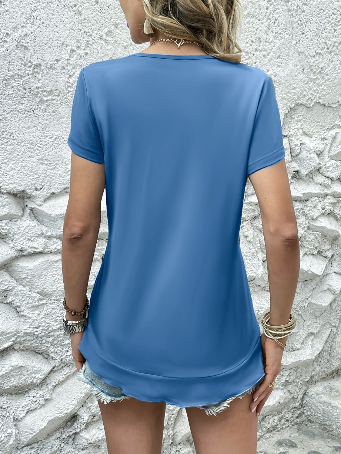 Ruffled Round Neck Short Sleeve Top Blue