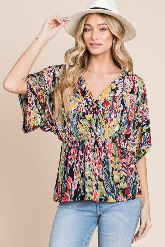 BOMBOM Printed Surplice Peplum Blouse Floral