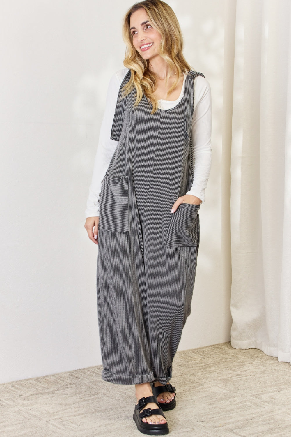 Celeste Full Size Ribbed Tie Shoulder Sleeveless Ankle Overalls CHARCOAL