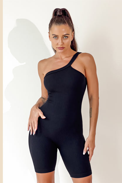 Asymmetrical Neck Wide Strap Active Romper Black