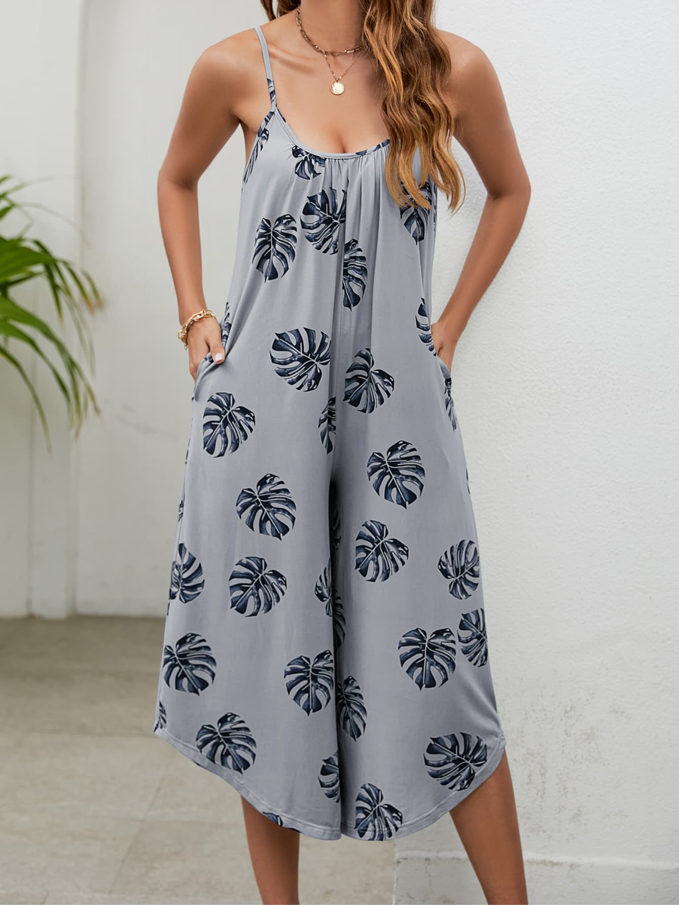 Botanical Print Spaghetti Strap Scoop Neck Jumpsuit