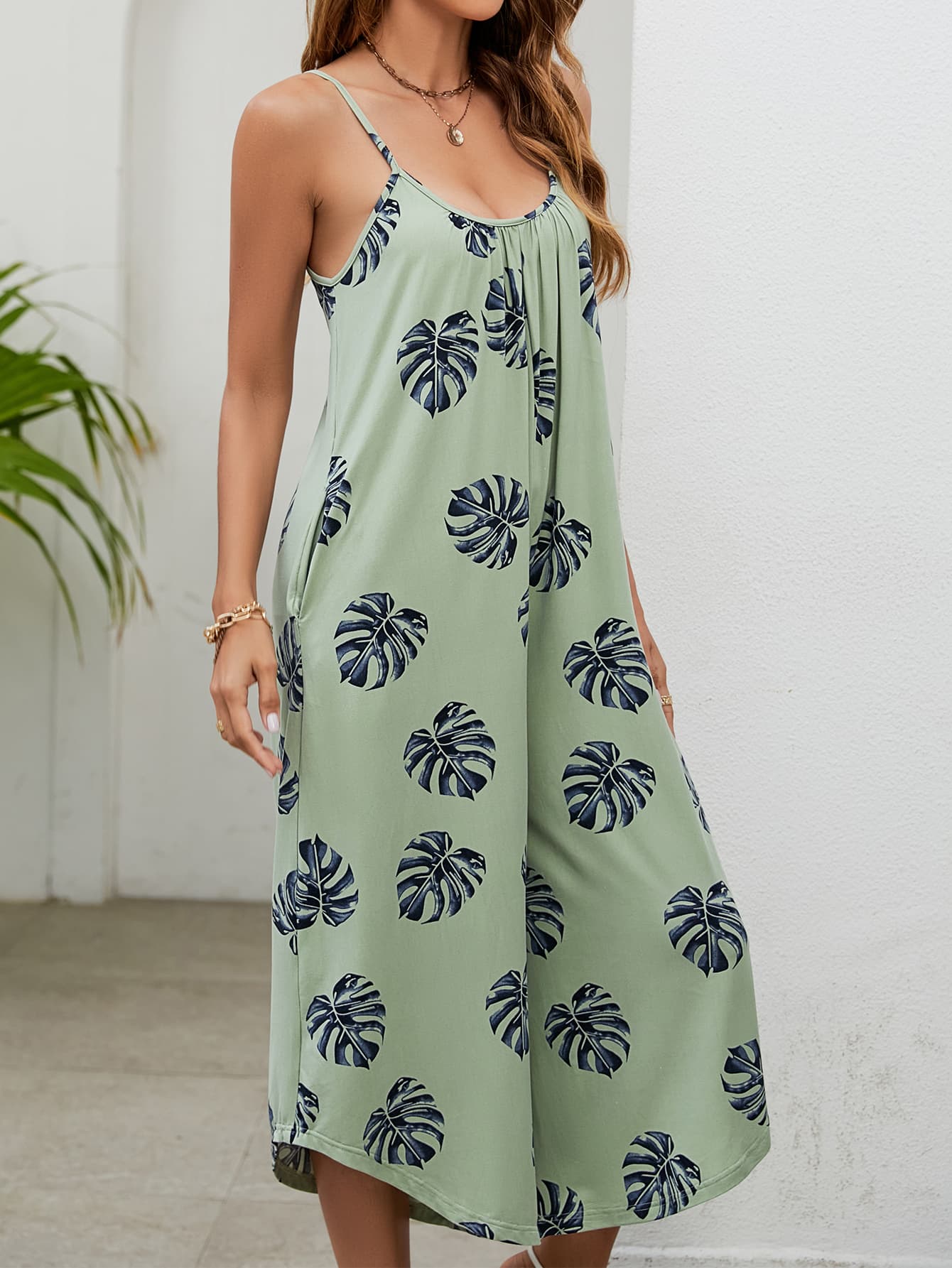 Botanical Print Spaghetti Strap Scoop Neck Jumpsuit