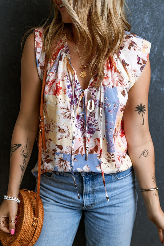 Printed Tie Neck Cap Sleeve Blouse