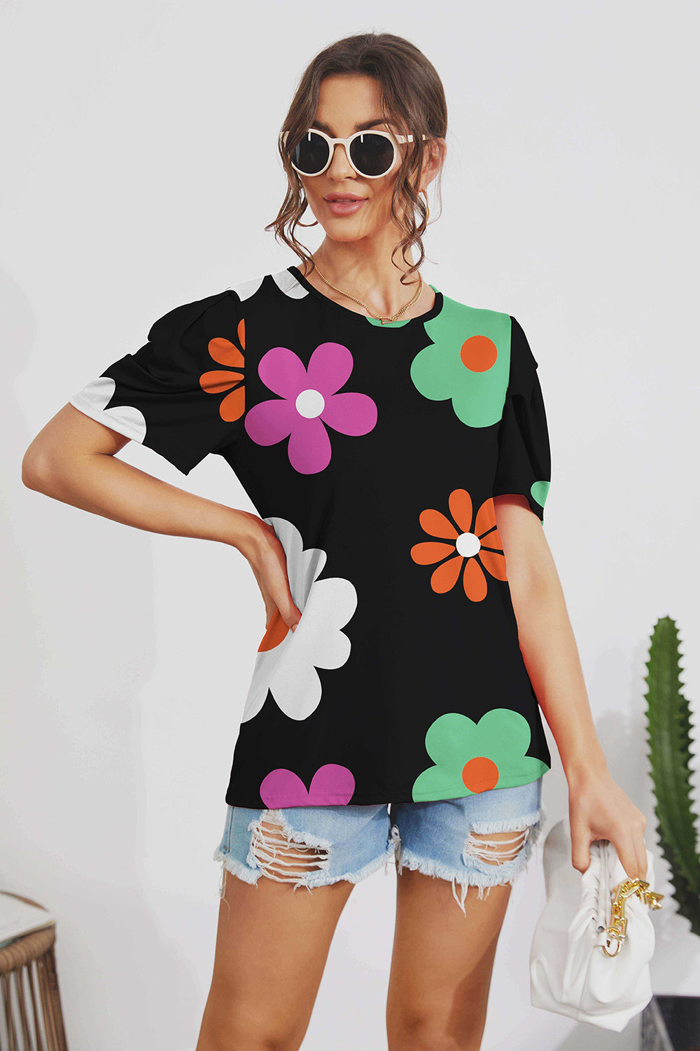 FAM-FAM Flower Round Neck Short Sleeve Blouse Black