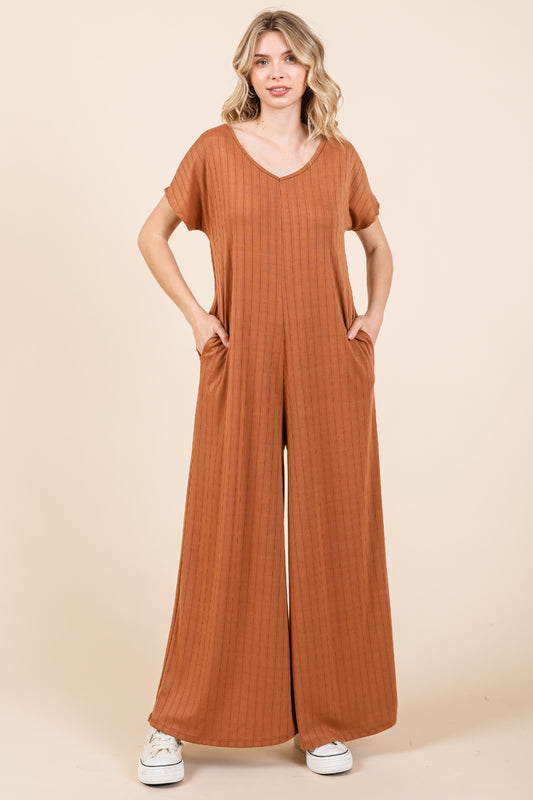 BOMBOM Ribbed Short Sleeve Wide Leg Jumpsuit Camel