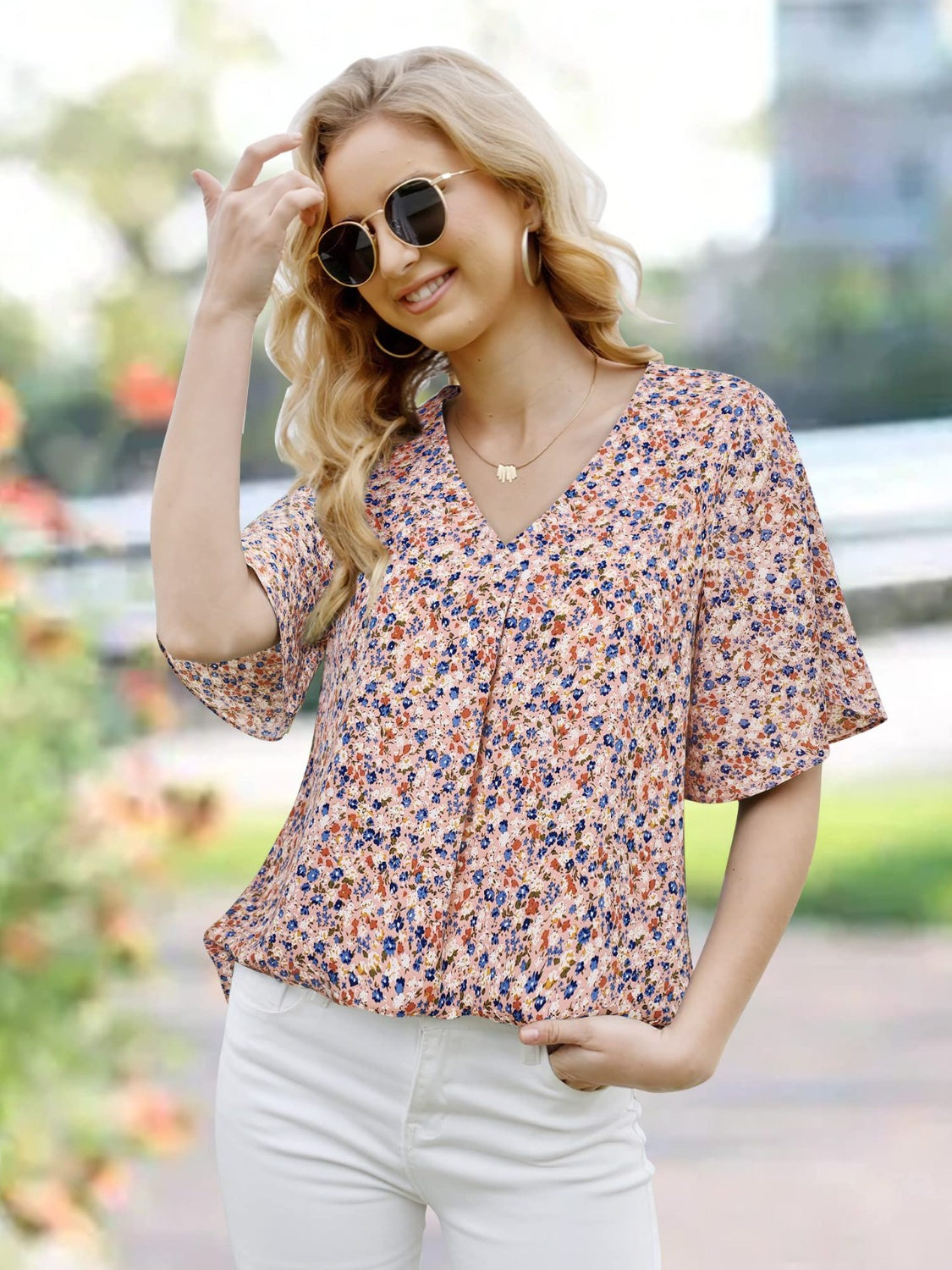 Printed V-Neck Slit Half Sleeve Blouse Watermelon pink