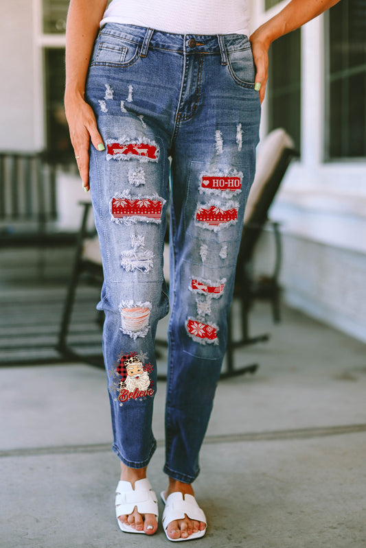 Santa Graphic Distressed Straight Jeans Medium