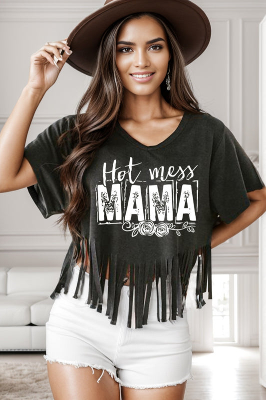 HOT MESS MAMA Fringe Round Neck T-Shirt Black