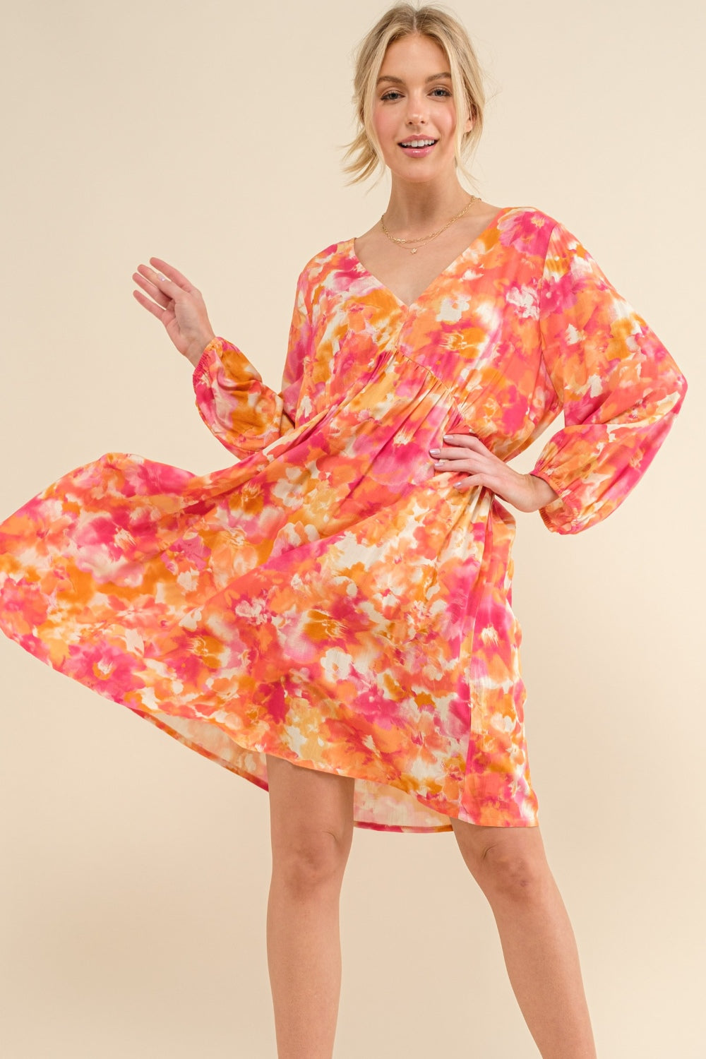 And The Why Full Size Printed Tie Back Long Sleeve Dress Orange Multi