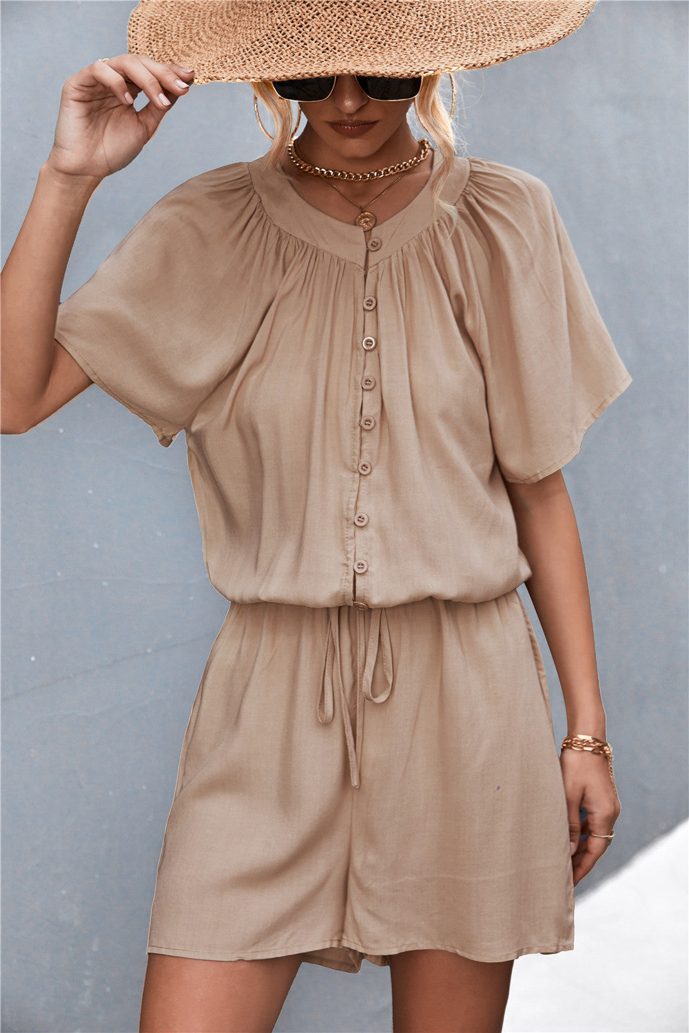 Buttoned Gather Detail Romper Khaki