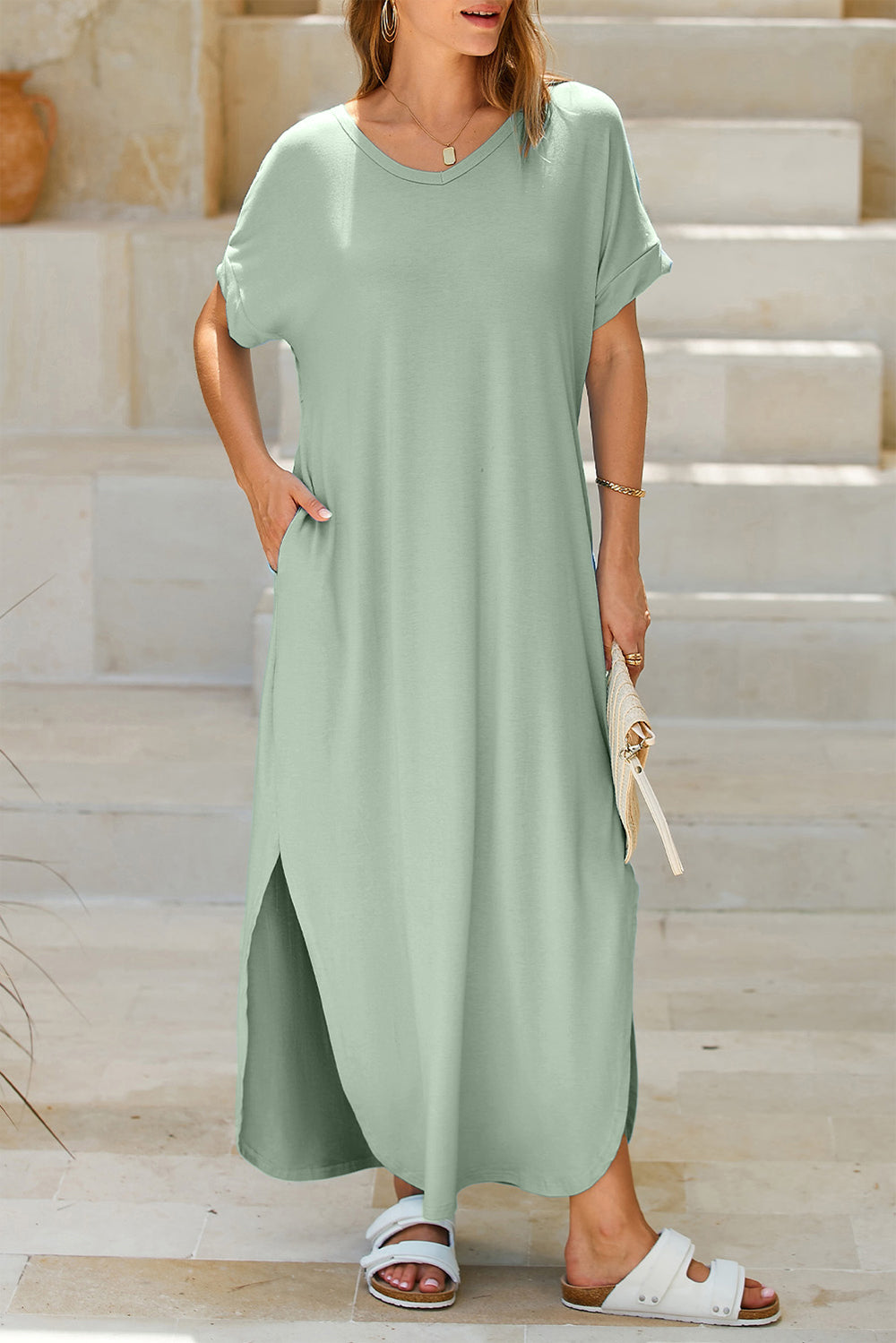 Slit Pocketed Short Sleeve Dress Sage