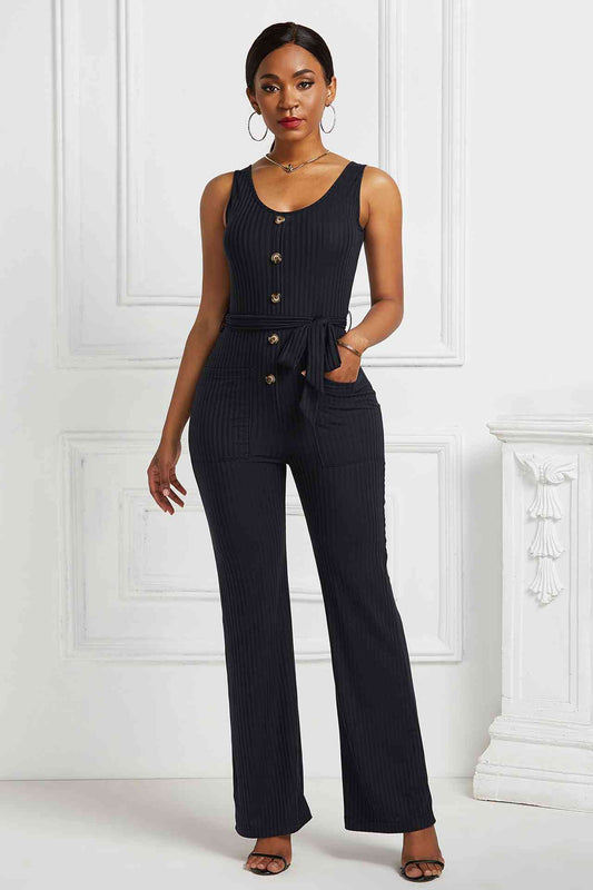 Button Detail Tie Waist Jumpsuit with Pockets Black