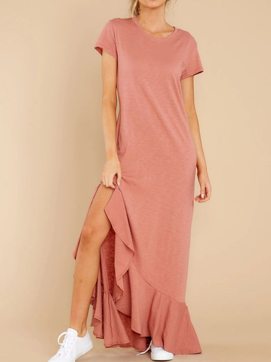 Slit Round Neck Short Sleeve Maxi Dress Dusty Pink