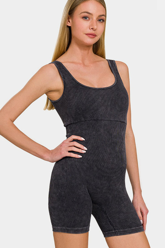 Zenana Washed Ribbed Romper with Pad Black