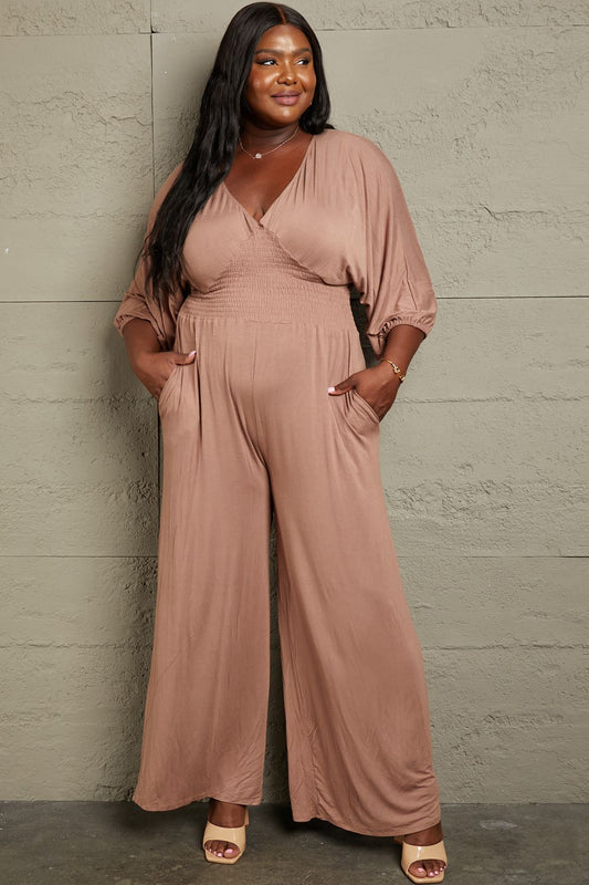 Culture Code Full Size Smocking Waist Jumpsuit Mocha