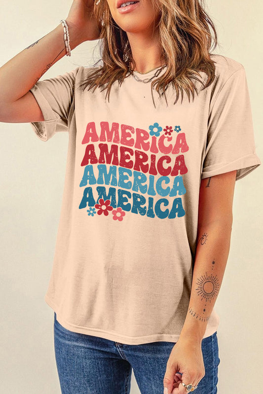 AMERICA Round Neck Short Sleeve T-Shirt Tan