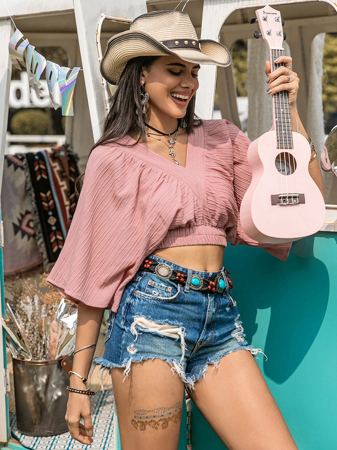 Textured V-Neck Crop Top Dusty Pink