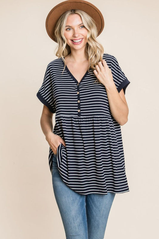 Cotton Bleu by Nu Label Striped Button Front Baby Doll Top Stripe