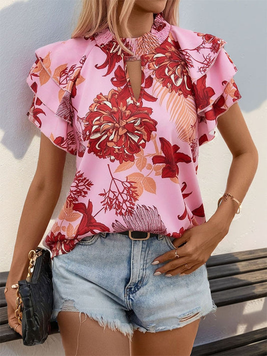 Perfee Ruffled Printed Round Neck Short Sleeve Blouse Pink