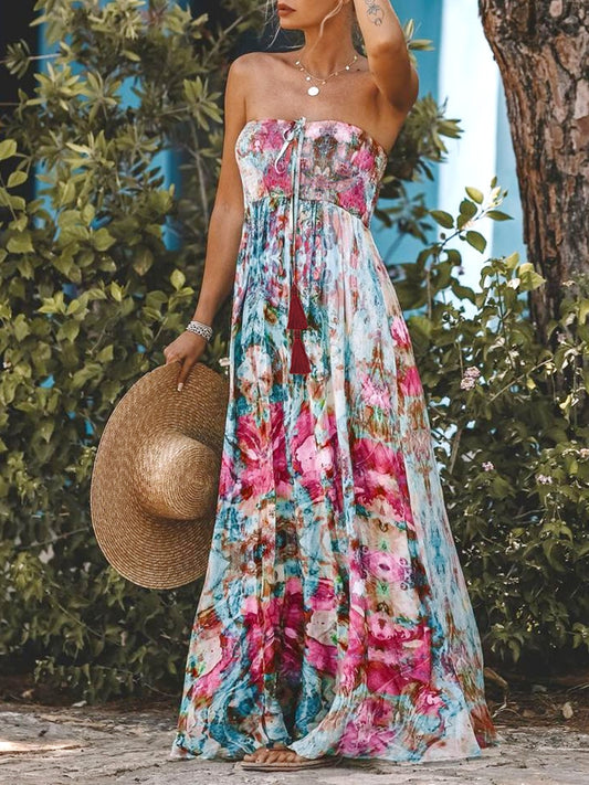 Smocked Printed Sleeveless Maxi Dress Sky Blue