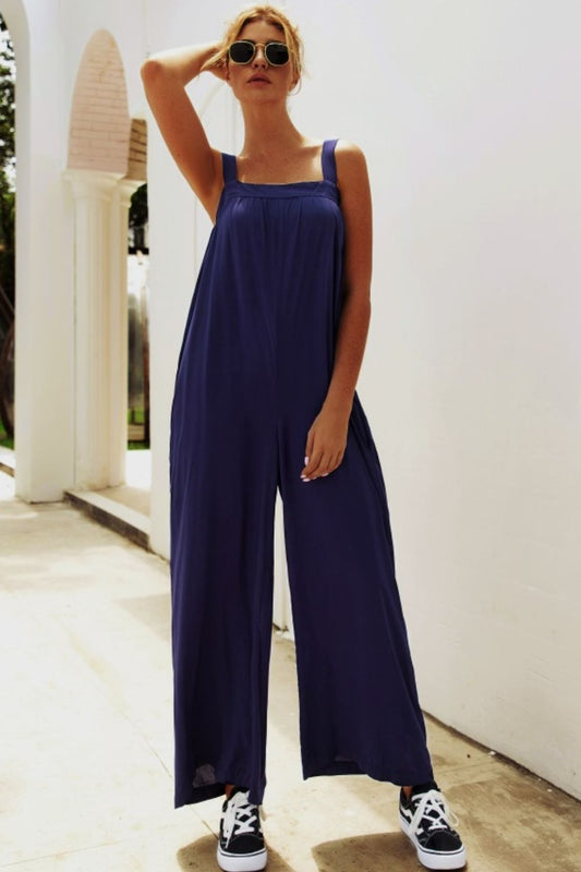 Wide Strap Wide Leg Jumpsuit Dark Blue