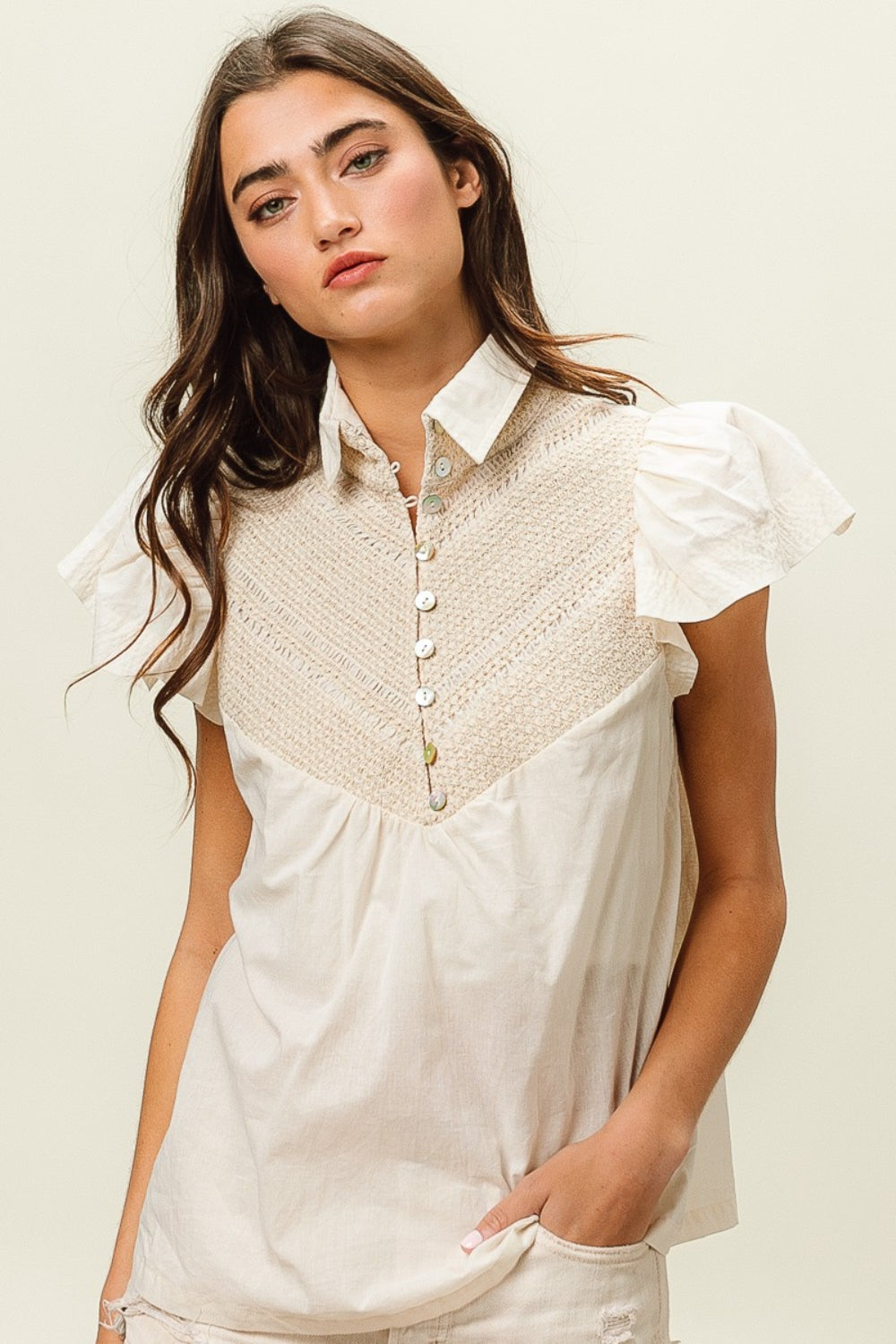 BiBi Half Button Collared Neck Short Sleeve Top Ivory