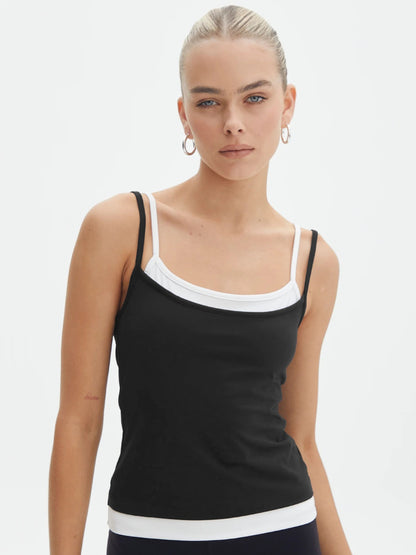 Faux Layered Square Neck Cropped Cami Black