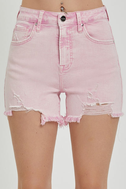 RISEN High Rise Distressed Denim Shorts Acid Pink