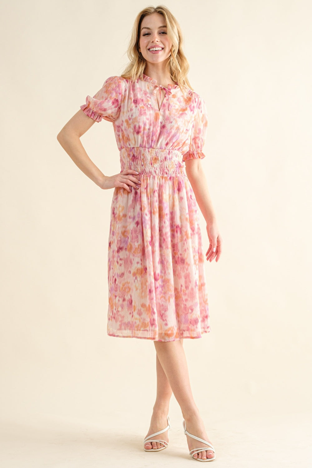 And The Why Full Size Smocked Waist Printed Midi Dress Pink Multi