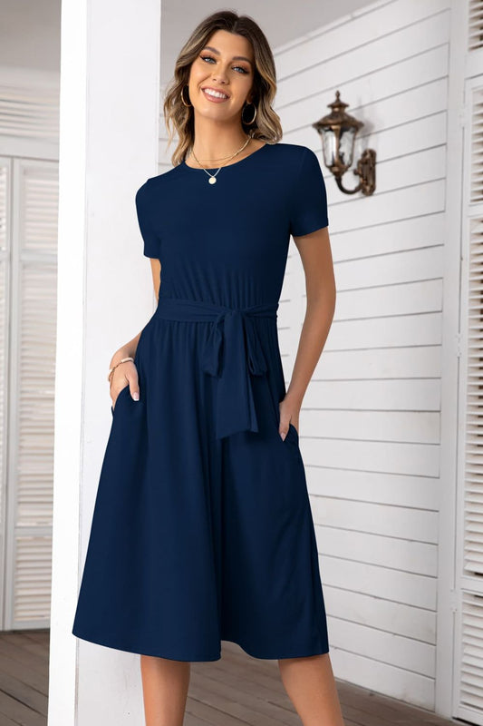 Belted Tee Dress With Pockets Dark Navy