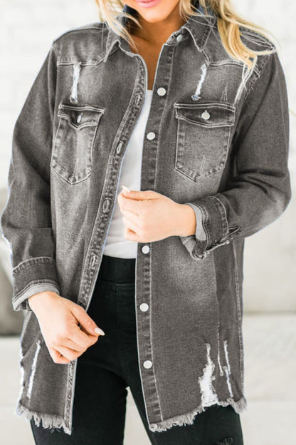 Distressed Button Up Raw Hem Denim Jacket Dark Gray