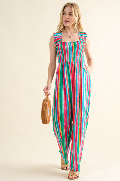 And The Why Full Size Striped Smocked Sleeveless Jumpsuit STRIPE